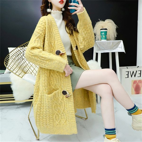 women thicken long cardigan long sleeve pocket casual loose outwear winter korean style thick warm horn button jumper, White;black
women thicken long cardigan long sleeve pocket casual loose outwear winter korean style thick warm horn button jumper, White;black