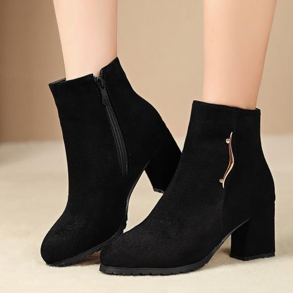 boots big size 9 10 11 12 women shoes ankle for ladies woman winter side zipper round head thick heel, Black