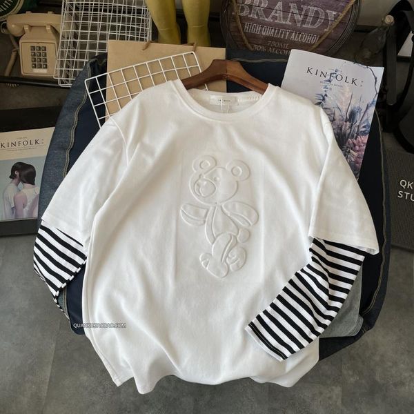 women's t-shirt 2021 spring three-dimensional bear korean style trendy striped sleeve fake two-piece long for women, White
women's t-shirt 2021 spring three-dimensional bear korean style trendy striped sleeve fake two-piece long for women, White