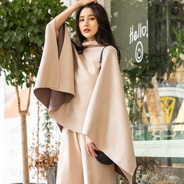 women's two piece pants ladies loose real woolen wide leg sets poncho cape set, White
women's two piece pants ladies loose real woolen wide leg sets poncho cape set, White