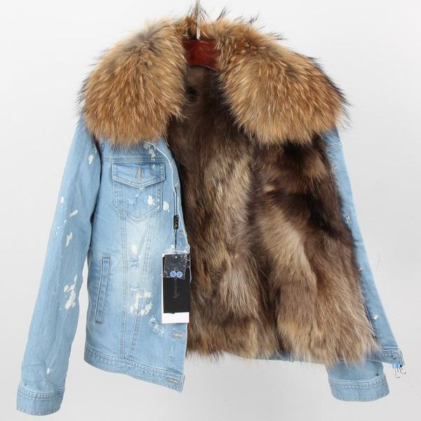 women's fur & faux denim jacket natural raccoon detachable lining real collar woman's hole cowboy short coat maomaokong 2021, Black
women's fur & faux denim jacket natural raccoon detachable lining real collar woman's hole cowboy short coat maomaokong 2021, Black