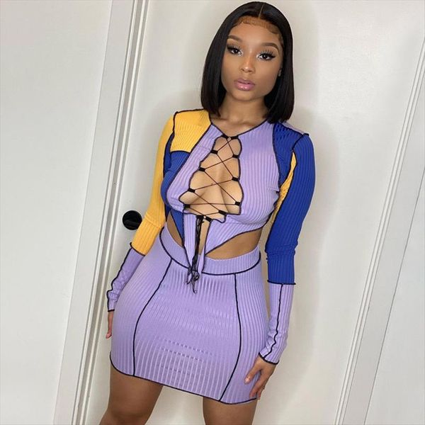 bandage patchwork long sleeve women dress crop skirt set bodycon ribbed 2 two piece oufit matching sets, White 
bandage patchwork long sleeve women dress crop skirt set bodycon ribbed 2 two piece oufit matching sets, White