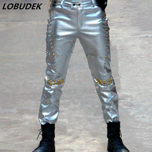 men's pants super star stage costume silvery rivet slim pu leather tide fashion trousers bar jazz hip-hop rock costumes, Black
men's pants super star stage costume silvery rivet slim pu leather tide fashion trousers bar jazz hip-hop rock costumes, Black