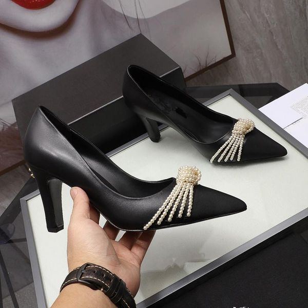 pointed toe genuine leather high heels woman cozy shallow lady pumps brand design slip on concise pearls decor shoe, Black
pointed toe genuine leather high heels woman cozy shallow lady pumps brand design slip on concise pearls decor shoe, Black