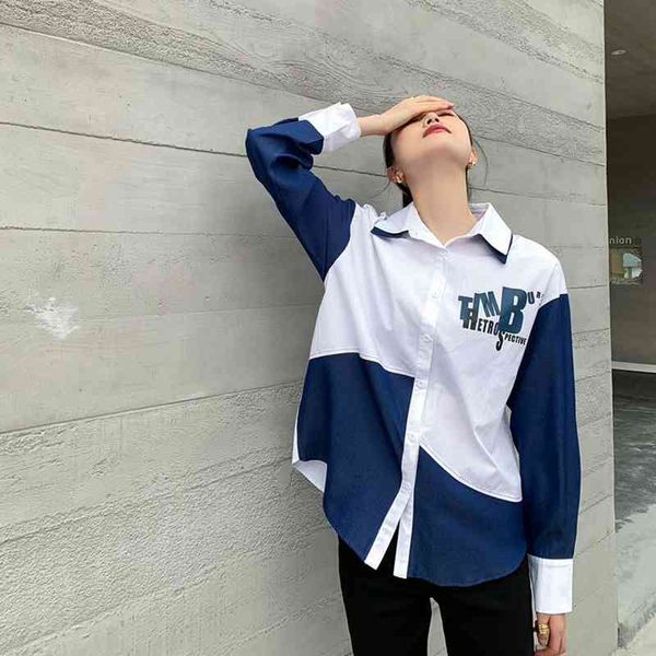 women's blouses & shirts spring patchwork denim long sleeve women letter print button up collar blouse korean clothes ijcw, White
women's blouses & shirts spring patchwork denim long sleeve women letter print button up collar blouse korean clothes ijcw, White