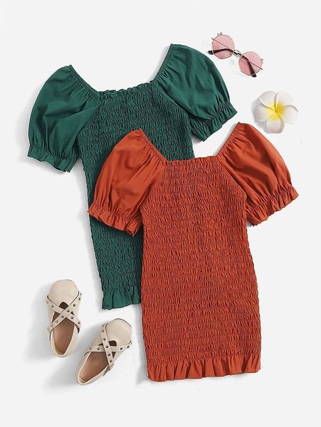 toddler girls 2pcs puff sleeve shirred ruffle hem dress she, Red;yellow
