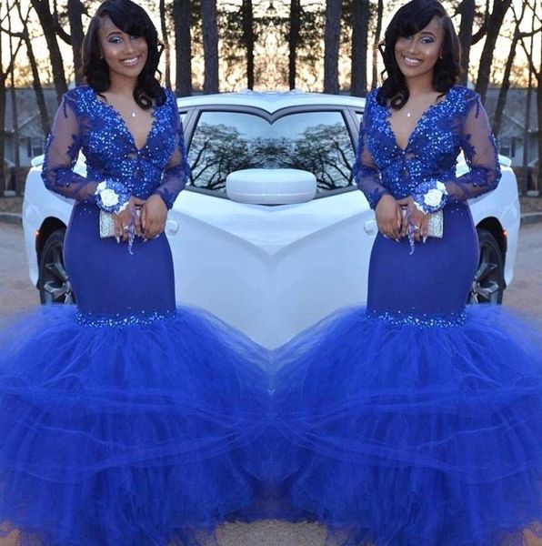 2021 royal blue prom dresses long sleeves deep v neck sequins tulle beaded lace applique floor length formal evening party gowns, Black
2021 royal blue prom dresses long sleeves deep v neck sequins tulle beaded lace applique floor length formal evening party gowns, Black