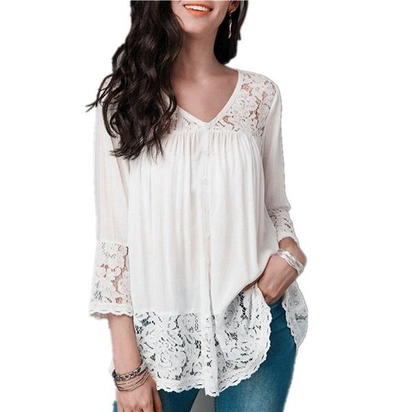 women's blouses & shirts plus size fashion women clothes color 3/4 sleeve blouse lace-paneled cropped casual shirt, White
women's blouses & shirts plus size fashion women clothes color 3/4 sleeve blouse lace-paneled cropped casual shirt, White