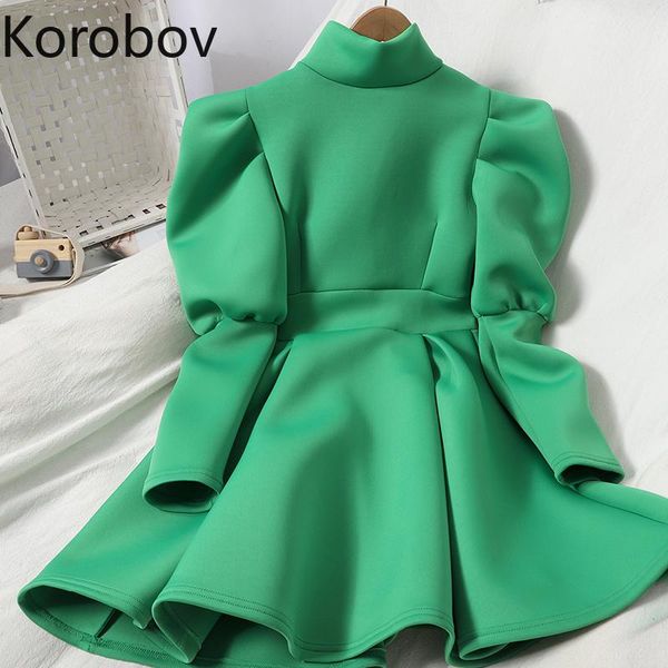 casual dresses korobov 2021 women dress korean stand collar puff long sleeve feamle vintage office lady zipper a-line vestidos, Black;gray 
casual dresses korobov 2021 women dress korean stand collar puff long sleeve feamle vintage office lady zipper a-line vestidos, Black;gray