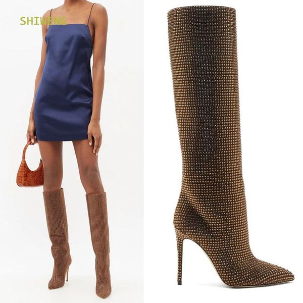 boots glitter crystal knee high woman fashion pointed toe thin heels bling rhinestone thigh shoes 2021 spring, Black 
boots glitter crystal knee high woman fashion pointed toe thin heels bling rhinestone thigh shoes 2021 spring, Black