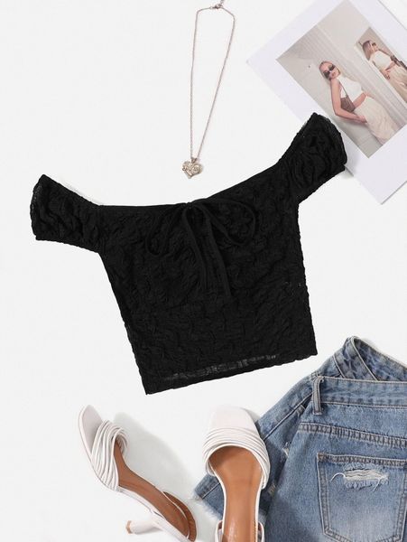 tie front ruched bust textured mesh crop 83pm#, White