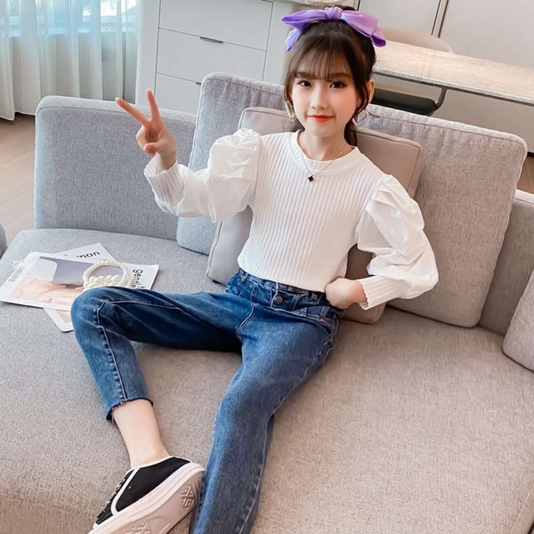 suit autumn 2021 spring and girls' fashion new children's bubble sleeve t-shirt jeans two piece set, White
suit autumn 2021 spring and girls' fashion new children's bubble sleeve t-shirt jeans two piece set, White