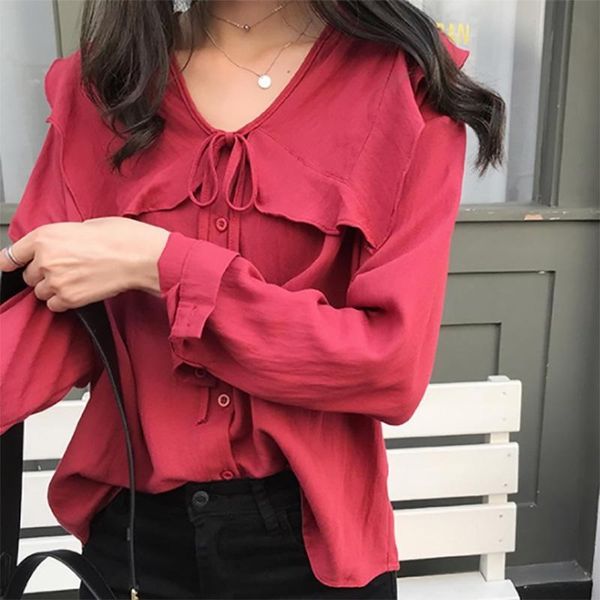 women ruffled v-neck blouse summer casual lace up shirt elegant long sleeve blouse, White
women ruffled v-neck blouse summer casual lace up shirt elegant long sleeve blouse, White