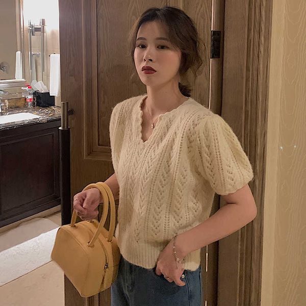 women's t-shirt summer knitted women v-neck short puff sleeve casual korean t-shirts knitwear hollow out sweet elegant shirts, White
women's t-shirt summer knitted women v-neck short puff sleeve casual korean t-shirts knitwear hollow out sweet elegant shirts, White