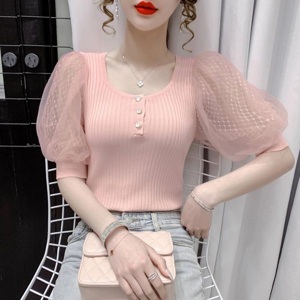 women's t-shirt sweet summer short lantern sleeve lace round neck patchwork knitted mesh shirt korean fashion women t, White
women's t-shirt sweet summer short lantern sleeve lace round neck patchwork knitted mesh shirt korean fashion women t, White
