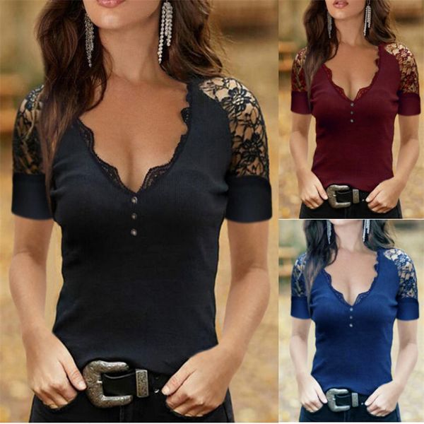 2021 european and american summer t-shirt deep v lace collar lace button short sleeve slim top, White
2021 european and american summer t-shirt deep v lace collar lace button short sleeve slim top, White