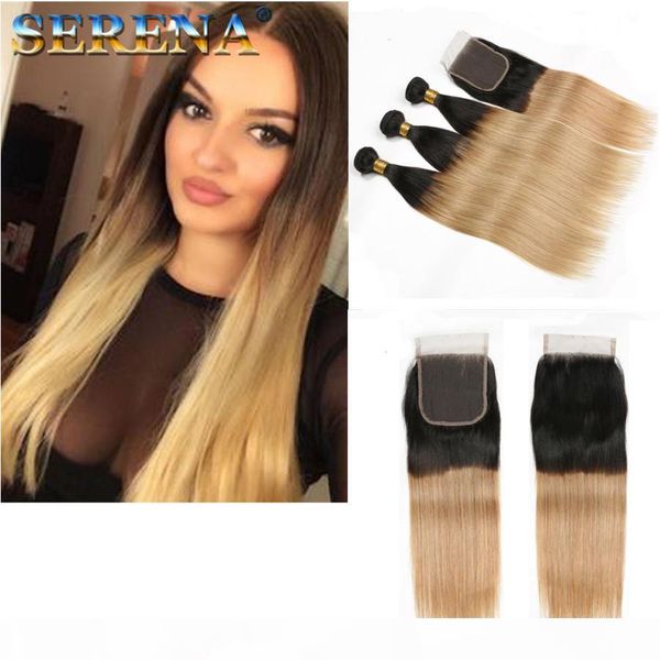 ombre brazilian virgin straight hair 3 bundles 100% unprocessed human hair bundles 1b-27# 2 tone color ombre weave bundle with closure, Black;brown 
ombre brazilian virgin straight hair 3 bundles 100% unprocessed human hair bundles 1b-27# 2 tone color ombre weave bundle with closure, Black;brown
