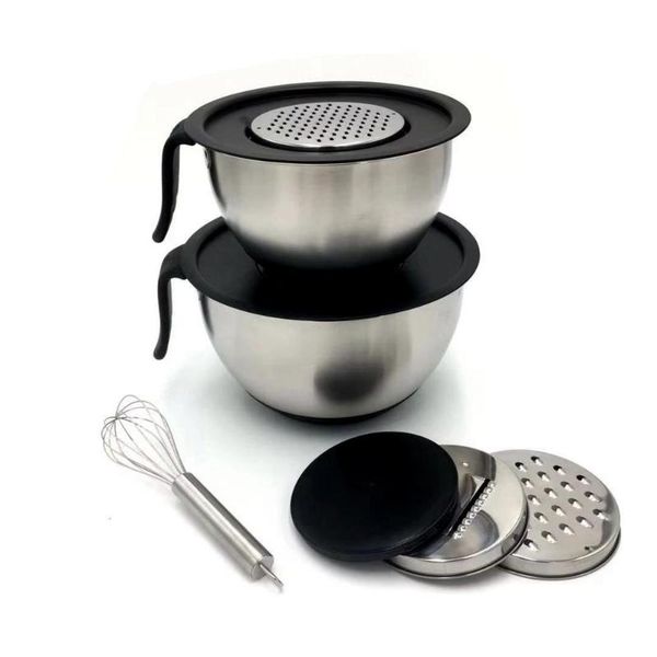 bowls stainless steel mixing set nesting with long handles, non-slip silicone base, airtight lids, graters and egg beater
bowls stainless steel mixing set nesting with long handles, non-slip silicone base, airtight lids, graters and egg beater