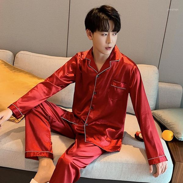 men's stain silk pajamas sets for men homewear spring autumn elastic waist pyjamas sleepwear soft modern style, Black;brown
men's stain silk pajamas sets for men homewear spring autumn elastic waist pyjamas sleepwear soft modern style, Black;brown