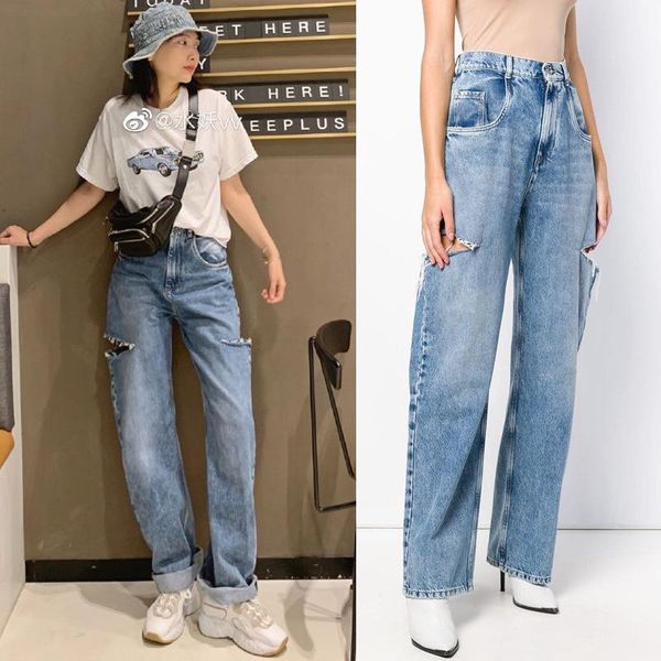 women's jeans 100969 2021 spring summer high waisted loose features double cut holes on both sides straight denim pants, Blue
women's jeans 100969 2021 spring summer high waisted loose features double cut holes on both sides straight denim pants, Blue