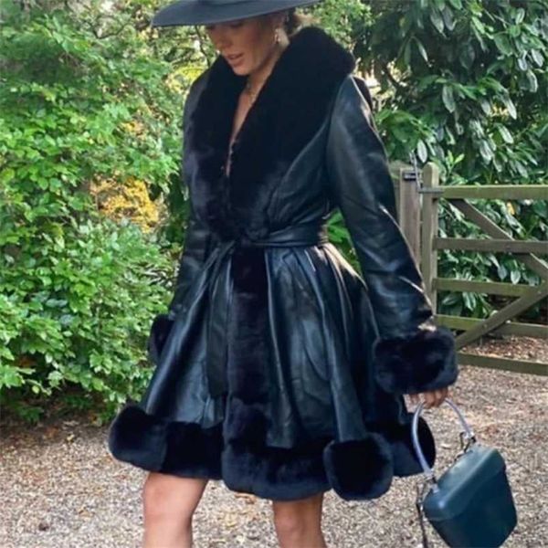 side pockets jackets elegant solid faux fur jacket women fashion pu leather tie belt waist long coats female overcoat lady 211215, Black
side pockets jackets elegant solid faux fur jacket women fashion pu leather tie belt waist long coats female overcoat lady 211215, Black