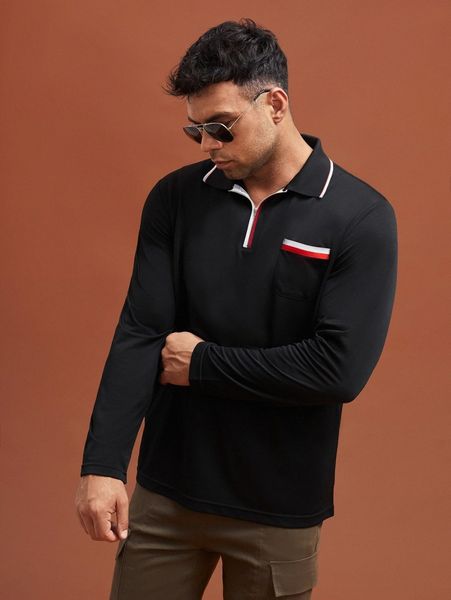 extended sizes men striped trim patched pocket polo shirt m7rt#, White;black 
extended sizes men striped trim patched pocket polo shirt m7rt#, White;black
