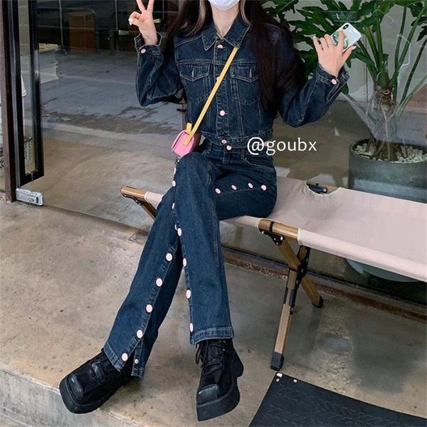 women's two piece pants 2021 autumn retro casual fashion set denim jacket pink button bootleg two-piece set.kio, White
women's two piece pants 2021 autumn retro casual fashion set denim jacket pink button bootleg two-piece set.kio, White