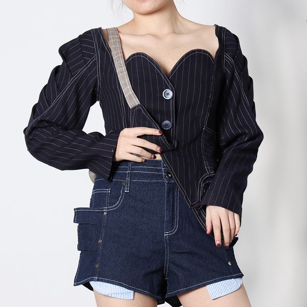 elegant denim striped women coats square collar puff long sleeve lace up irregulae hem slim jackets female fashion, Black;brown
elegant denim striped women coats square collar puff long sleeve lace up irregulae hem slim jackets female fashion, Black;brown