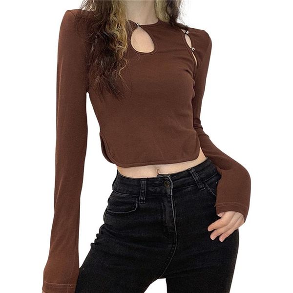 women's t-shirt women cut out crop round neck button connected long sleeves brown t shirt for spring autumn, White
women's t-shirt women cut out crop round neck button connected long sleeves brown t shirt for spring autumn, White