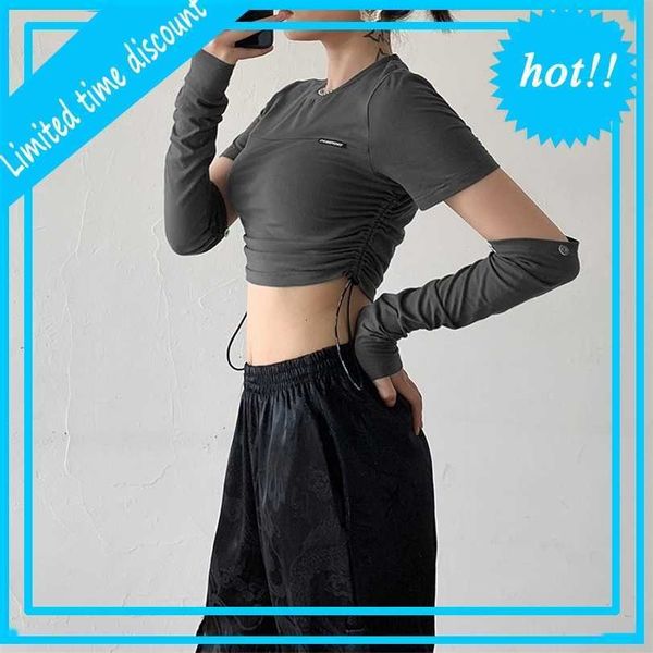 women's fashion autumn 2021 solid color detachable sleeve drawstring navel t-shirt, White
women's fashion autumn 2021 solid color detachable sleeve drawstring navel t-shirt, White