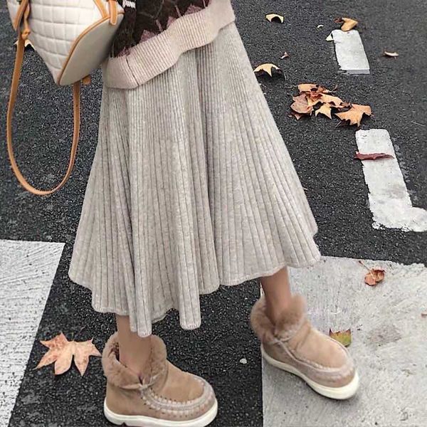 chic autumn winter women long sweater umbrella skirt casual basic knitted a-line skirt female solid elegant skirts 210608, Black