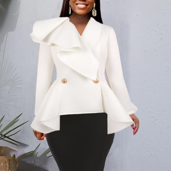 women's suits & blazers women elegant white blazer coat solid patchwork ruffles double button autumn winter female clothing s-3xl offic, White;black