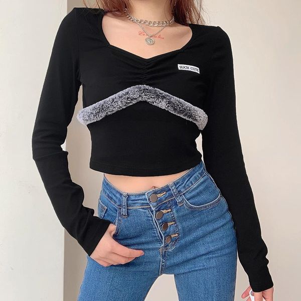 women's t-shirt yyxz spring fashion cute slim embroidery letters patchwork fur long sleeve tee v-neck woman casual short lady crop top, White
women's t-shirt yyxz spring fashion cute slim embroidery letters patchwork fur long sleeve tee v-neck woman casual short lady crop top, White