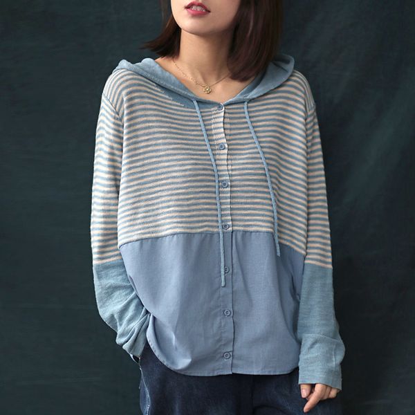 johnature knitted striped shirts patchwork hooded blouses women spring button long sleeve 5 color loose casual shirts 210225, White
johnature knitted striped shirts patchwork hooded blouses women spring button long sleeve 5 color loose casual shirts 210225, White