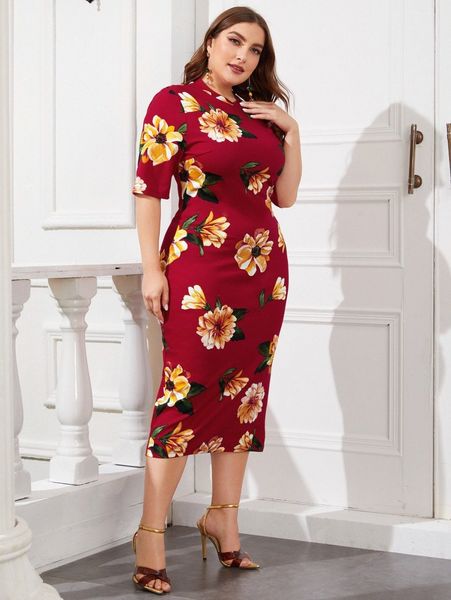 plus floral print dress x0qm#, Black