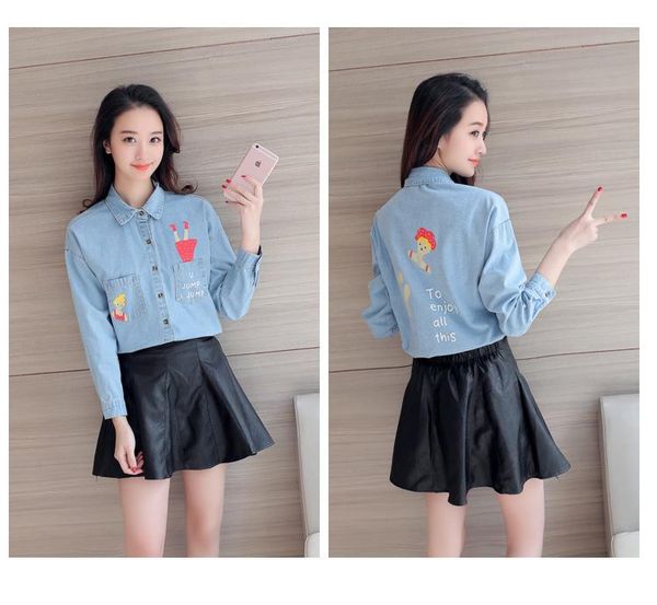 women's blouses & shirts jeans shirt women 2021 autumn korean casual cartoon letter printed turn down collar long sleeve vintage denim, White
women's blouses & shirts jeans shirt women 2021 autumn korean casual cartoon letter printed turn down collar long sleeve vintage denim, White