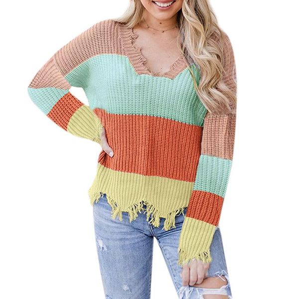 women's sweaters autumn and winter torn hole sweater casual v-neck striped color matching irregular fashion en*, White;black
women's sweaters autumn and winter torn hole sweater casual v-neck striped color matching irregular fashion en*, White;black