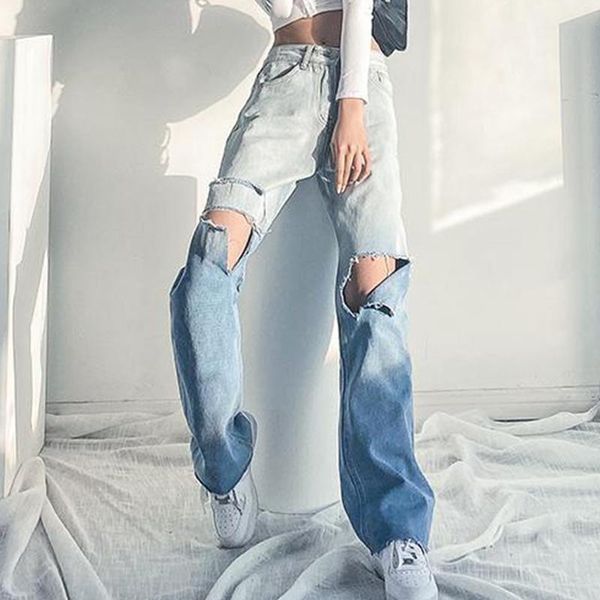women's jeans ripped gradient straight-leg fashion retro loose denim trousers woman high waist slimming wide-leg pants women, Blue
women's jeans ripped gradient straight-leg fashion retro loose denim trousers woman high waist slimming wide-leg pants women, Blue