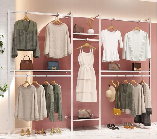 hooks & rails on wall women's clothing rack double layer clothes silver stainless steel display
hooks & rails on wall women's clothing rack double layer clothes silver stainless steel display