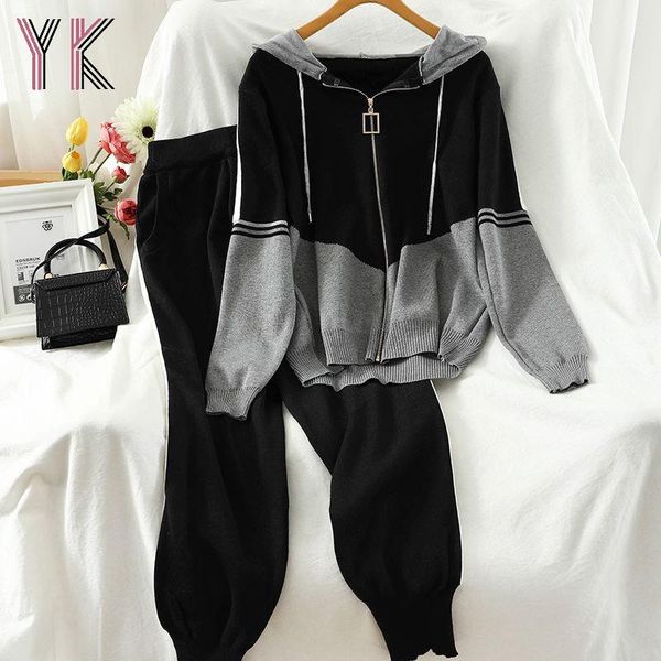 knit stitching sweater + solid color harem pants two-piece women hooded cardigan sports suit casual korean jogger tracksuit set, White
knit stitching sweater + solid color harem pants two-piece women hooded cardigan sports suit casual korean jogger tracksuit set, White