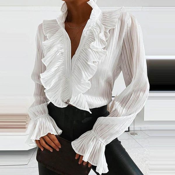 women's t-shirt fashion nightclub style long-sleeved deep v-neck slim ladies solid color ruffled spring and autumn, White
women's t-shirt fashion nightclub style long-sleeved deep v-neck slim ladies solid color ruffled spring and autumn, White