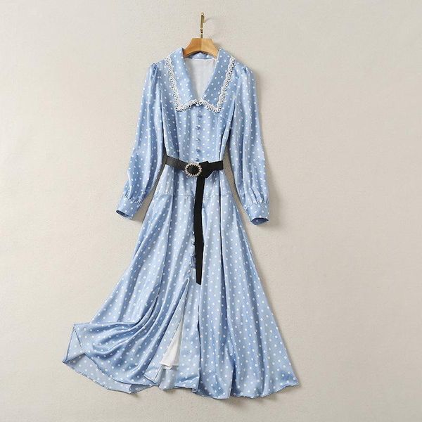 casual dresses european and american women's wear 2021 winter style long sleeve lapel polka dot print belt fashionable blue dress, Black;gray
casual dresses european and american women's wear 2021 winter style long sleeve lapel polka dot print belt fashionable blue dress, Black;gray