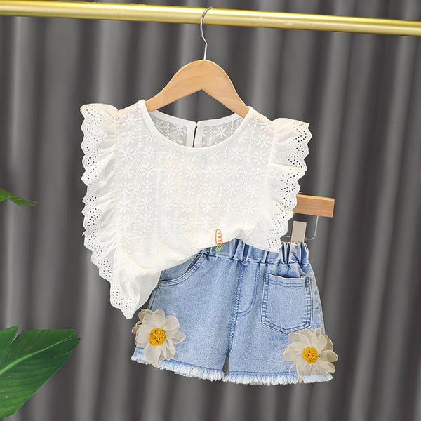 clothing sets 1-6y fashion kids girls summer clothes 2pcs hollow out ruffle sleeveless t shirts flowers denim shorts outfit, White
clothing sets 1-6y fashion kids girls summer clothes 2pcs hollow out ruffle sleeveless t shirts flowers denim shorts outfit, White