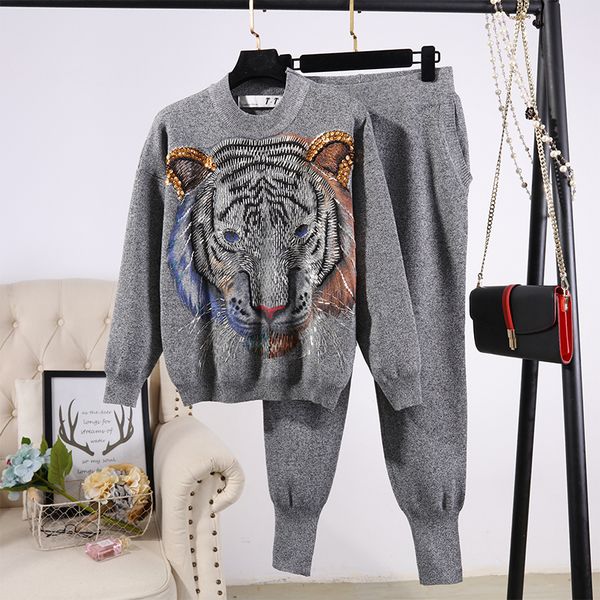 women handwork beading embroidery tiger sweater pencil pants two piece outfits female loose black gray white casual knitted set ze5x, Blue
women handwork beading embroidery tiger sweater pencil pants two piece outfits female loose black gray white casual knitted set ze5x, Blue