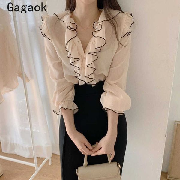 women streetwear fashion blouse spring autumn v-neck ruffles retro slim chic wild female korean shirt 210531, White
women streetwear fashion blouse spring autumn v-neck ruffles retro slim chic wild female korean shirt 210531, White