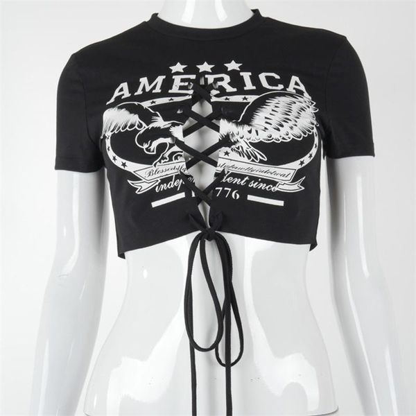 women's t-shirt women summer skinny cropped round neck short sleeve printed hollow out front cross straps female t-shirts, White
women's t-shirt women summer skinny cropped round neck short sleeve printed hollow out front cross straps female t-shirts, White