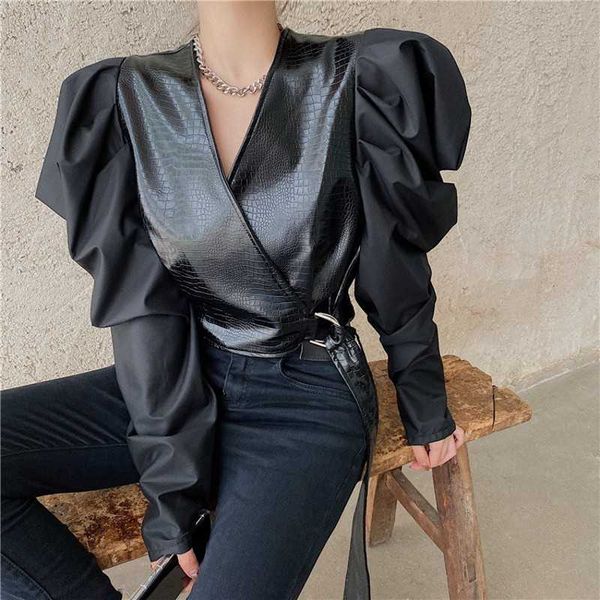 women cropped blouse pu leather patchwork long sleeve outwear fashion elegant office lady streetwear shirt 210601, White
women cropped blouse pu leather patchwork long sleeve outwear fashion elegant office lady streetwear shirt 210601, White