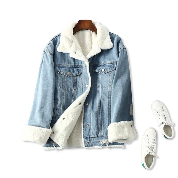 women's jackets 2021 winter women lambswool jeans coat long sleeve ripped holes warm fleece outwear female denim jacket, Black;brown
women's jackets 2021 winter women lambswool jeans coat long sleeve ripped holes warm fleece outwear female denim jacket, Black;brown