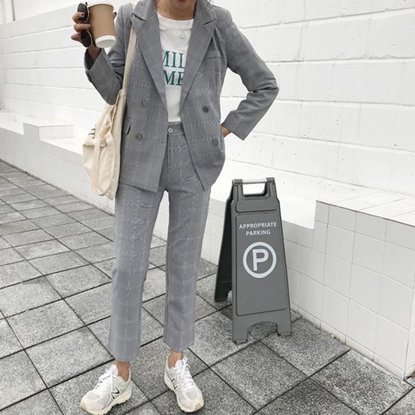 women's two piece pants wenfly women clothes long sleeve double breasted blazer outerwear high waist office ladies plaid loose sets, White
women's two piece pants wenfly women clothes long sleeve double breasted blazer outerwear high waist office ladies plaid loose sets, White
