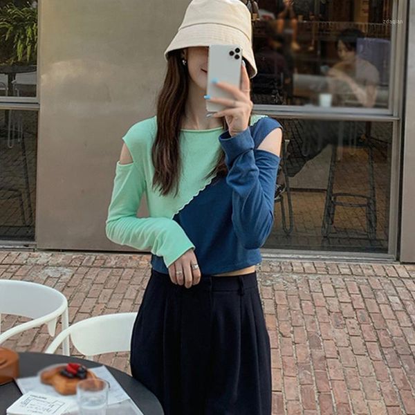 women's t-shirt long-sleeved autumn round neck short patchwork color bottoming off-shoulder top, White
women's t-shirt long-sleeved autumn round neck short patchwork color bottoming off-shoulder top, White